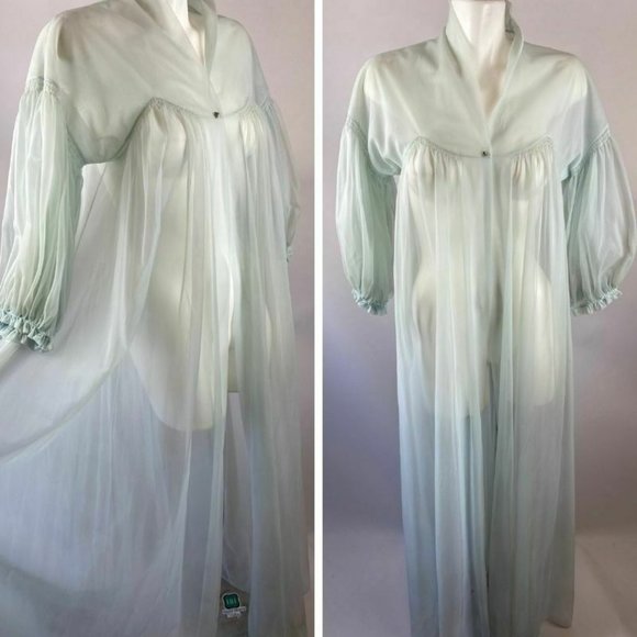 Vintage Other - Vtg 60s Vanity Fair Blue Sheer Puff Sleeve One Button Night Gown Peignoir Robe S